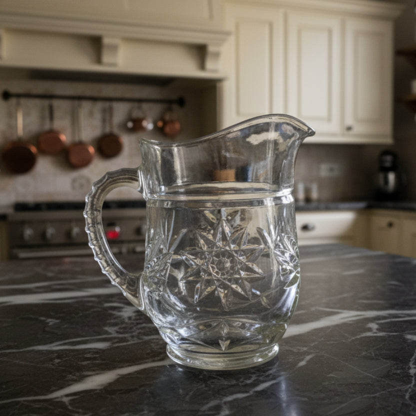 Vintage Anchor Hocking Star of David Pitcher - Prescut Glass 16oz USA
