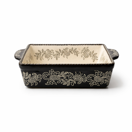 Vintage Baum Brothers Floral Stoneware Casserole Dish - Ivory & Black