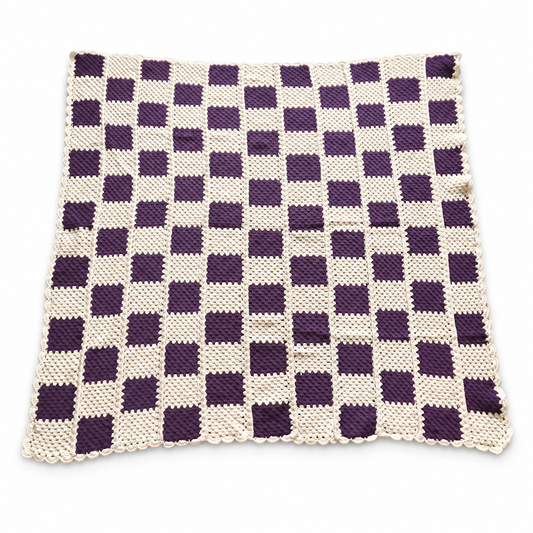 Vintage Handmade Crocheted Throw Blanket - Checkered Cream & Plum