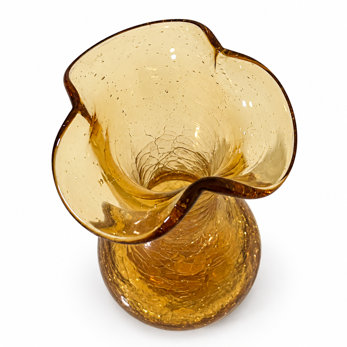 Vintage 7 Inch Amber Hand-Blown Crackle Glass Vase – Fall Decor