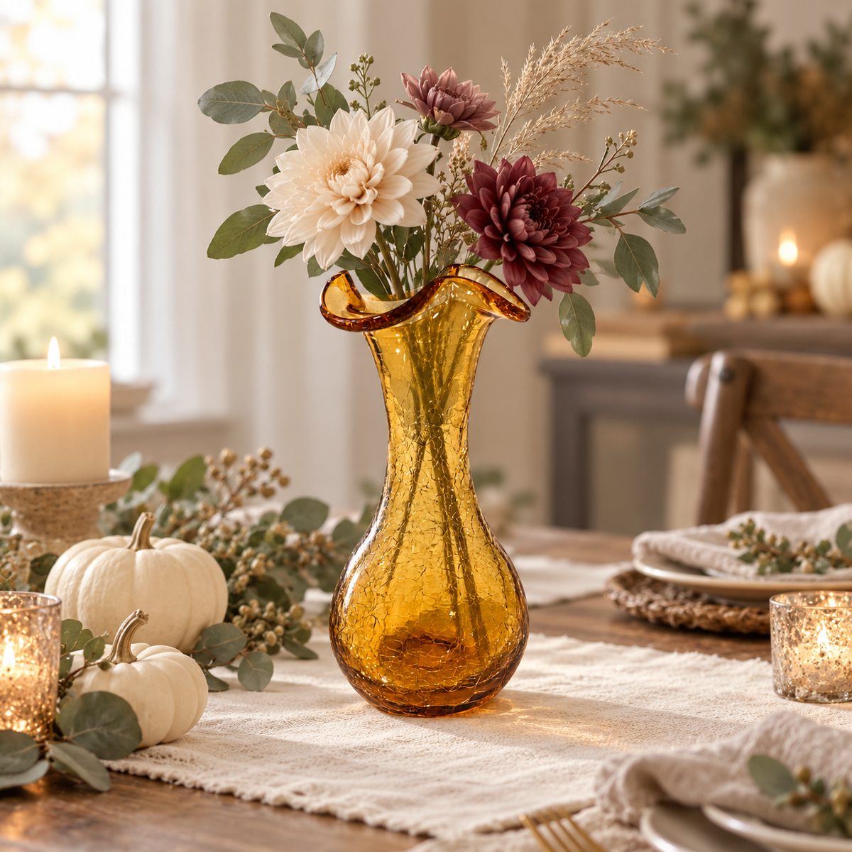 Vintage 7 Inch Amber Hand-Blown Crackle Glass Vase – Fall Decor