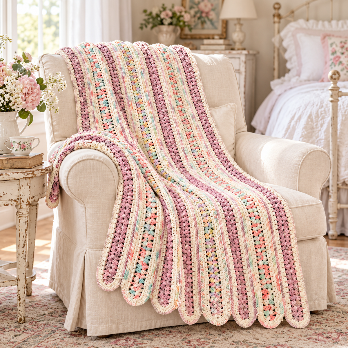 Vintage Handmade Pink Multicolor Crochet Throw – 64 x 37 Inch