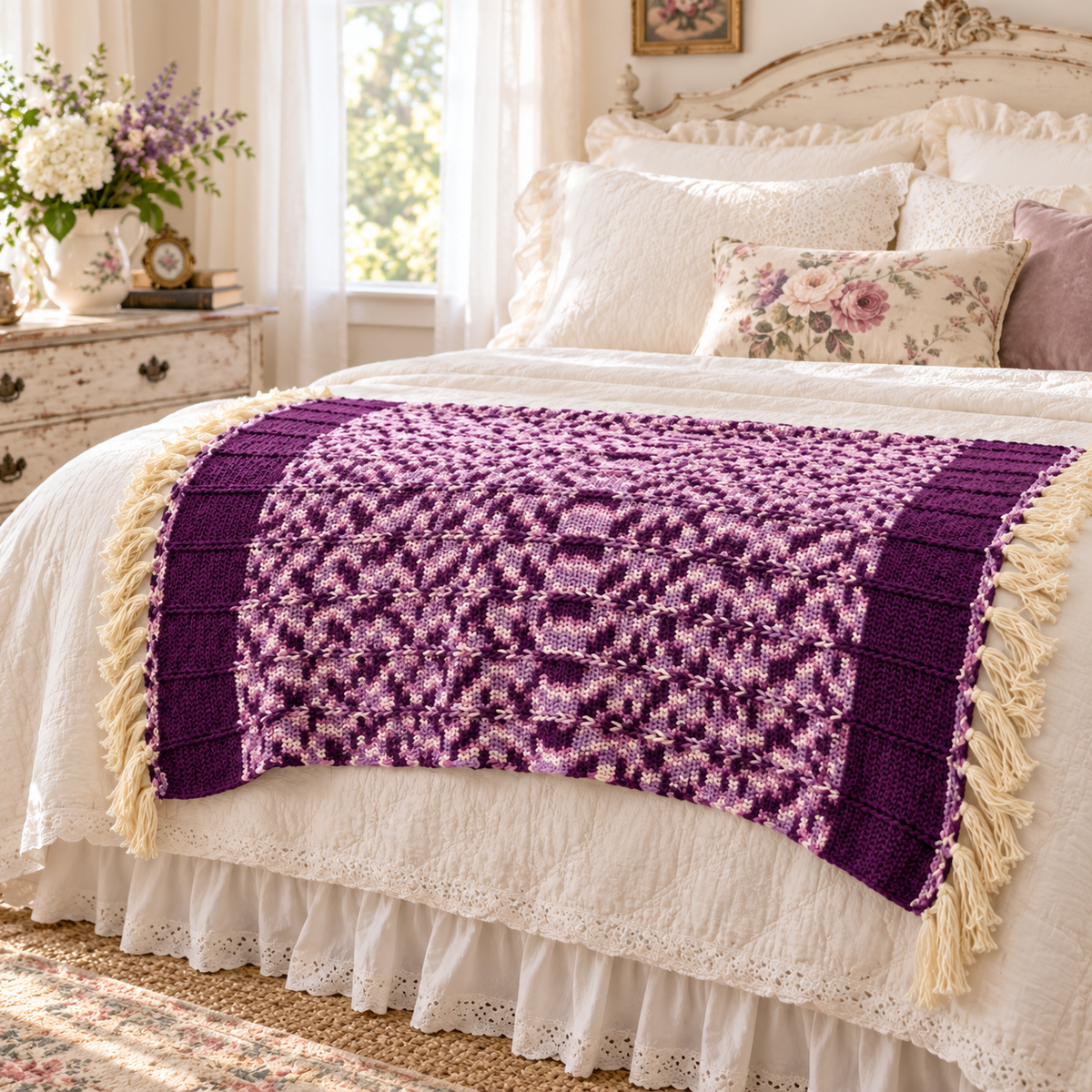 Vintage Handmade Purple and White Crochet Throw Blanket – 65 x 50 Inch