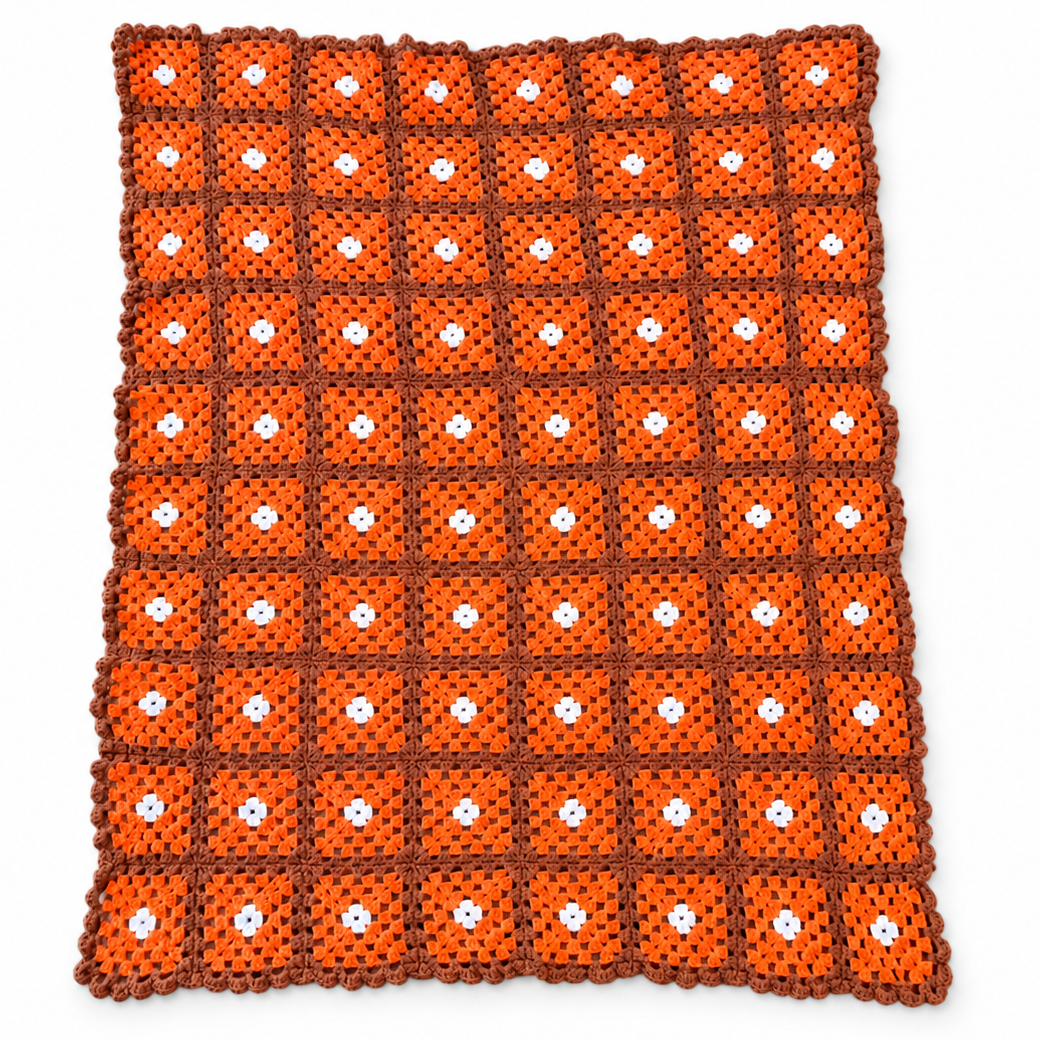 Vintage Orange & Brown Granny Square Crochet Throw – 77 x 54.5 Inch