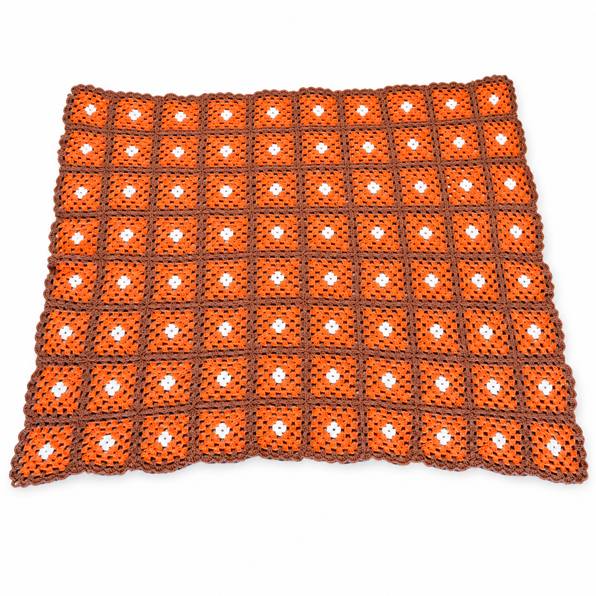 Vintage Orange & Brown Granny Square Crochet Throw – 77 x 54.5 Inch