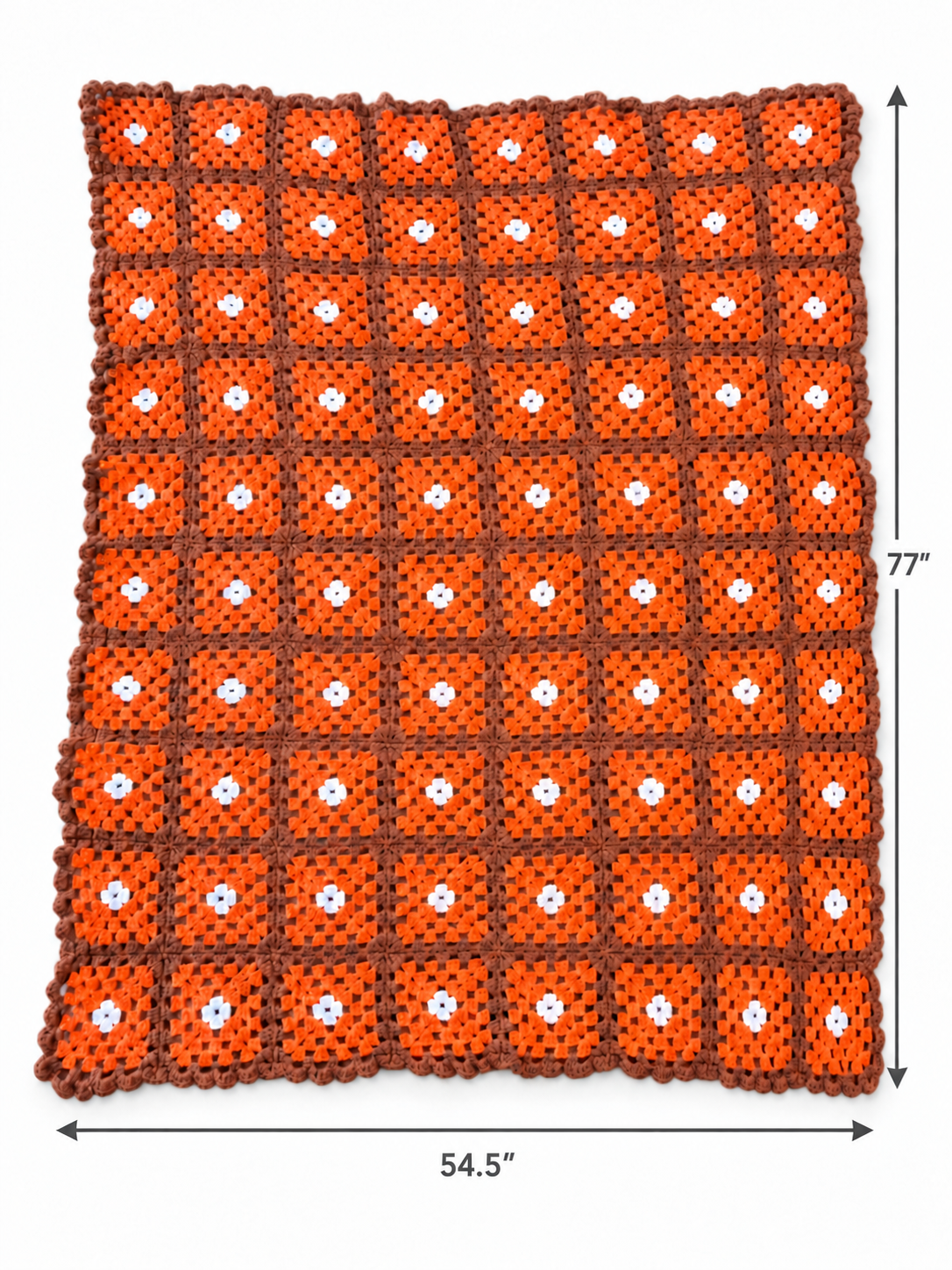 Vintage Orange & Brown Granny Square Crochet Throw – 77 x 54.5 Inch