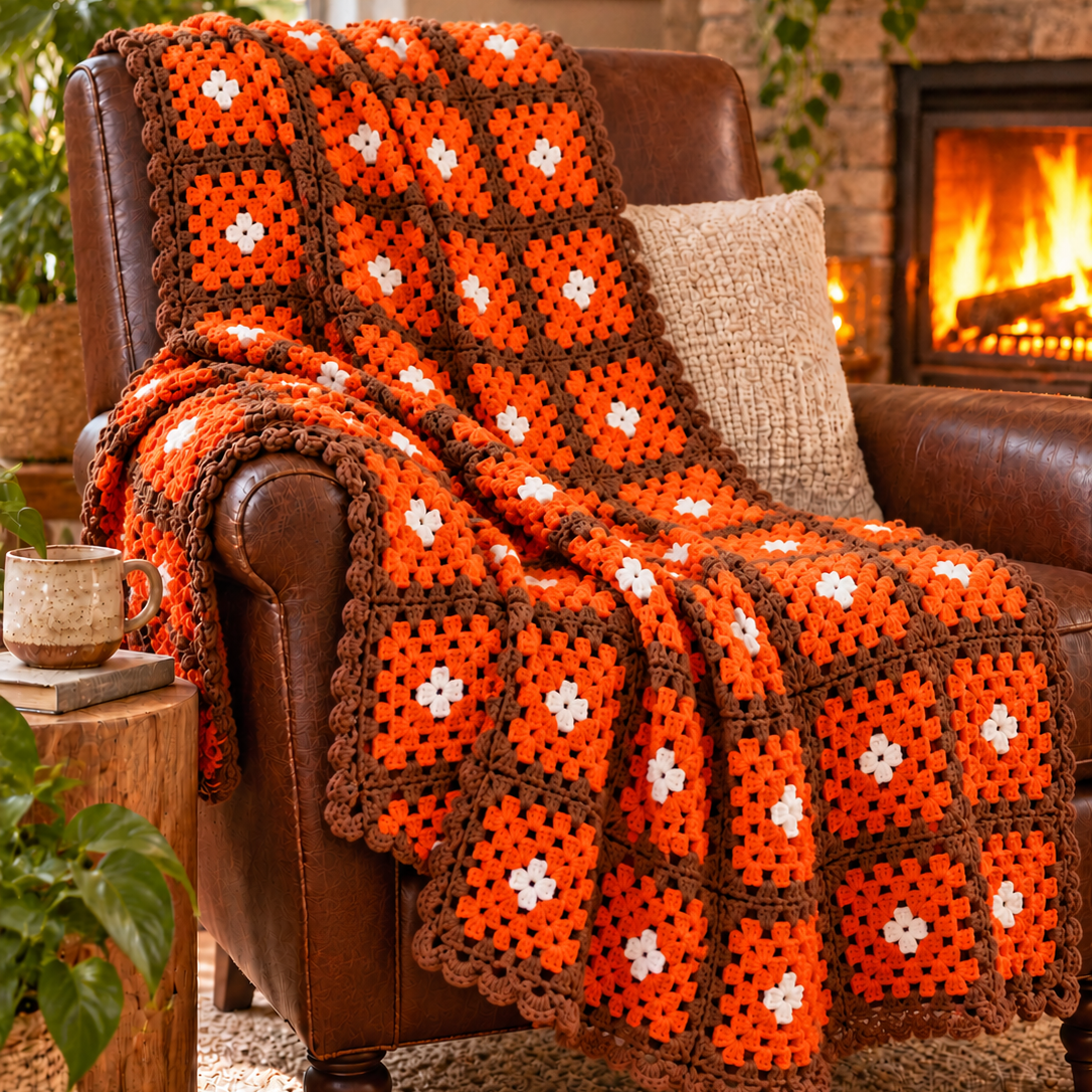 Vintage Orange & Brown Granny Square Crochet Throw – 77 x 54.5 Inch
