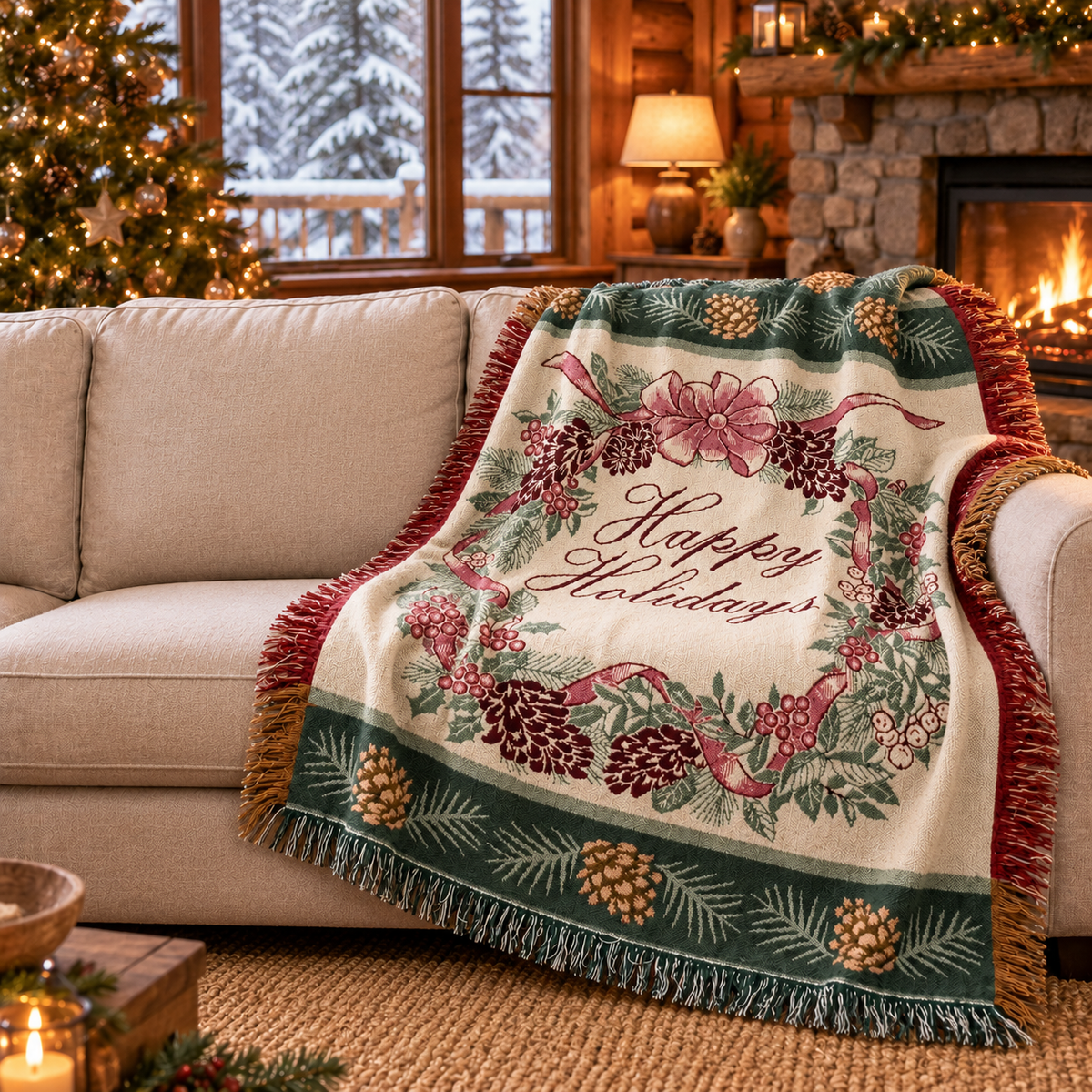 Vintage Holiday Jacquard Tapestry Throw Blanket – 58 x 48 Inch