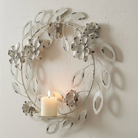 Cream Metal Flower Wreath Candle Holder - Farmhouse Style Decor