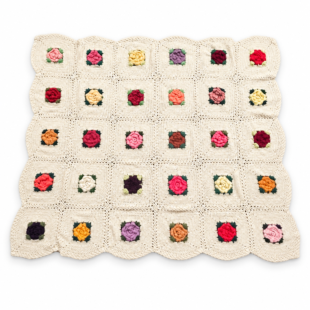 Vintage Handmade Patchwork Rose Crochet Throw Blanket – 63 x 54 Inch