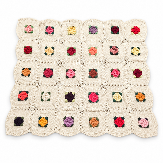 Vintage Handmade Patchwork Rose Crochet Throw Blanket – 63 x 54 Inch