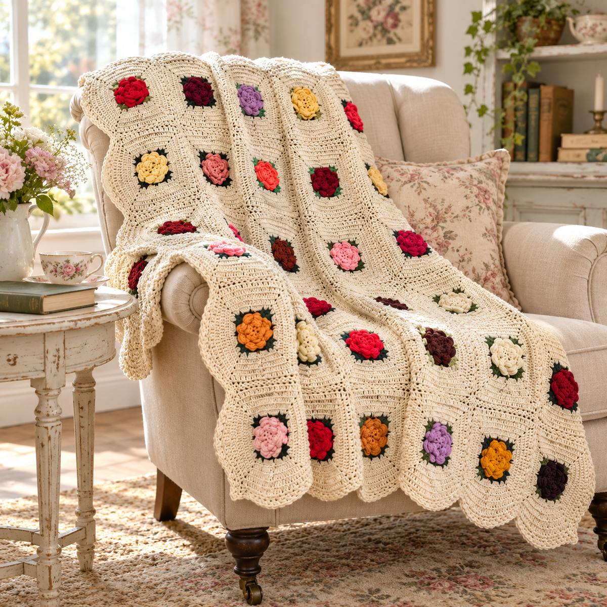 Vintage Handmade Patchwork Rose Crochet Throw Blanket – 63 x 54 Inch