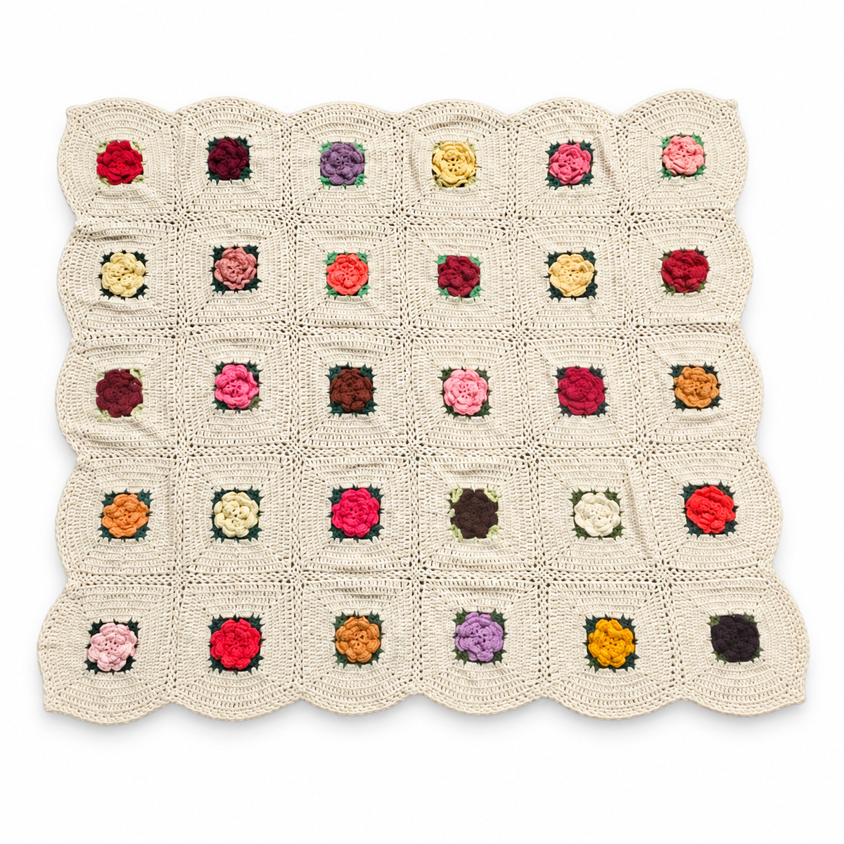 Vintage Handmade Patchwork Rose Crochet Throw Blanket – 63 x 54 Inch