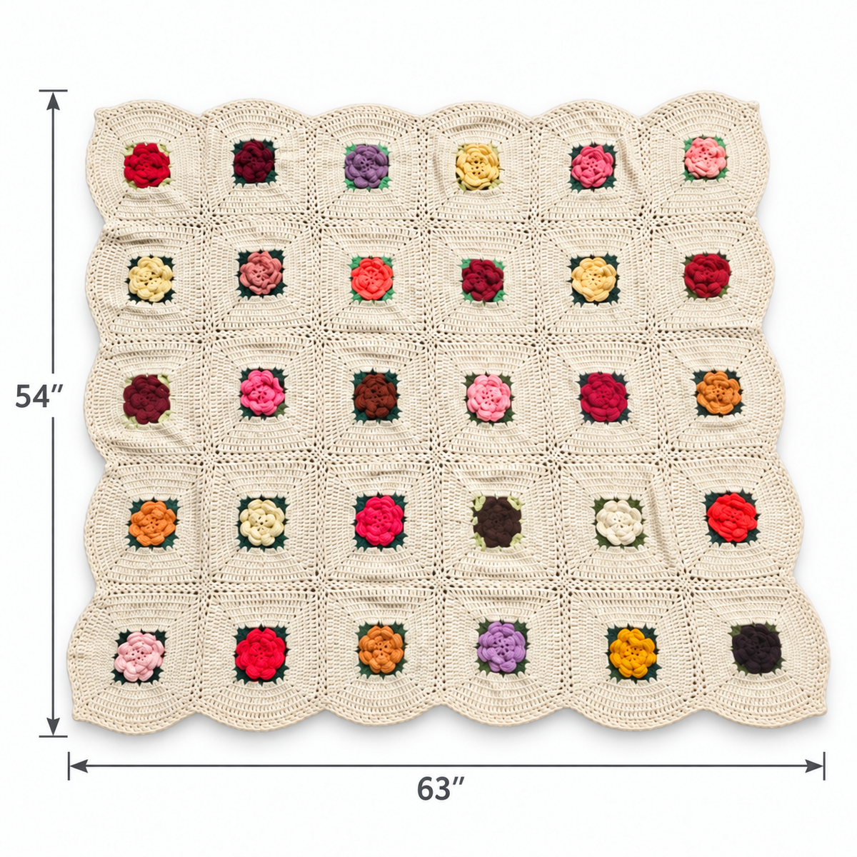 Vintage Handmade Patchwork Rose Crochet Throw Blanket – 63 x 54 Inch