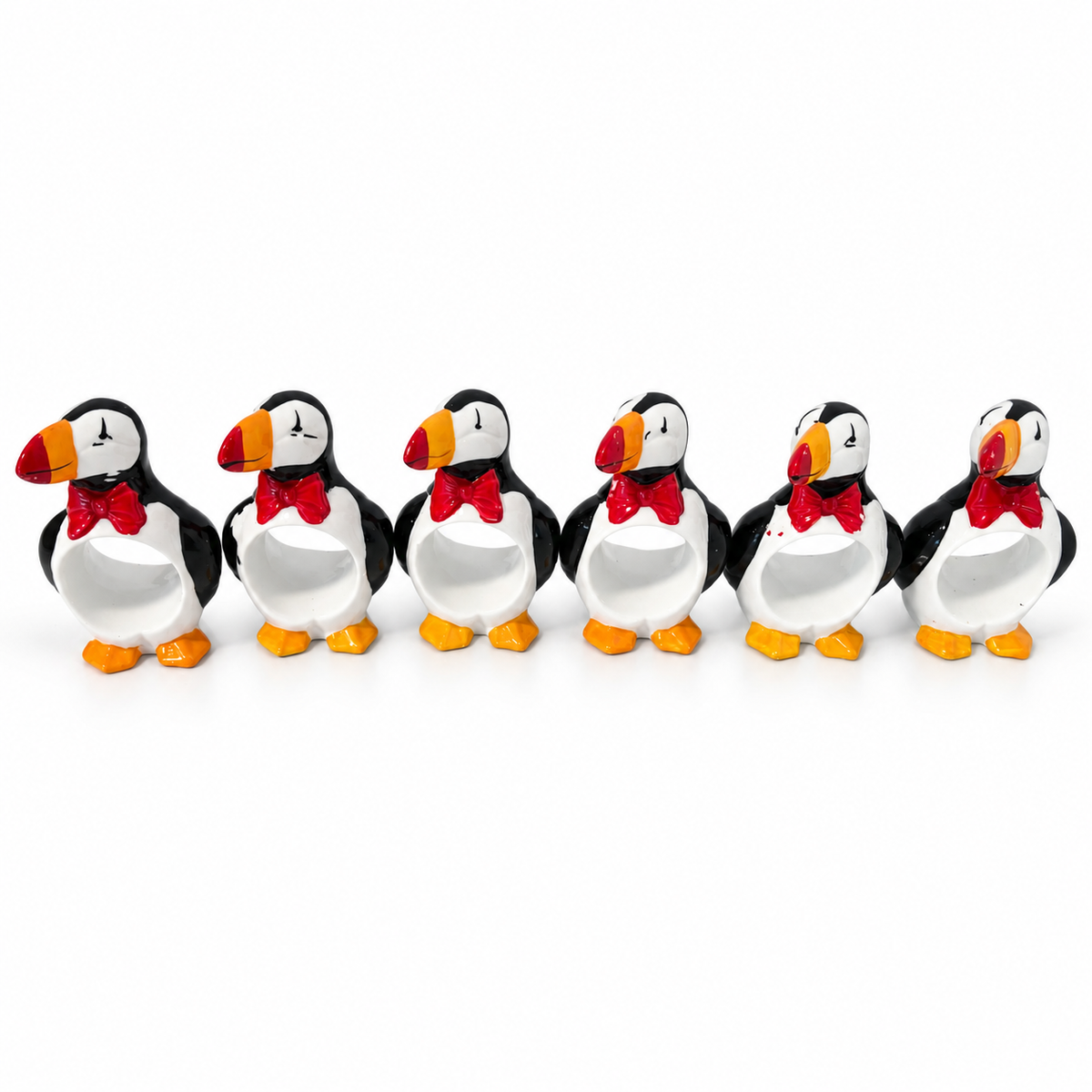 Vintage Set of 6 Ceramic Puffin Napkin Rings – Made in Taiwan