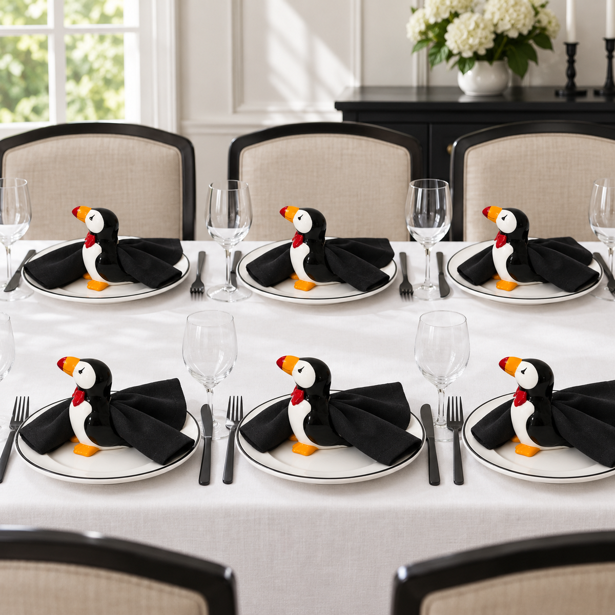 Vintage Set of 6 Ceramic Puffin Napkin Rings – Made in Taiwan