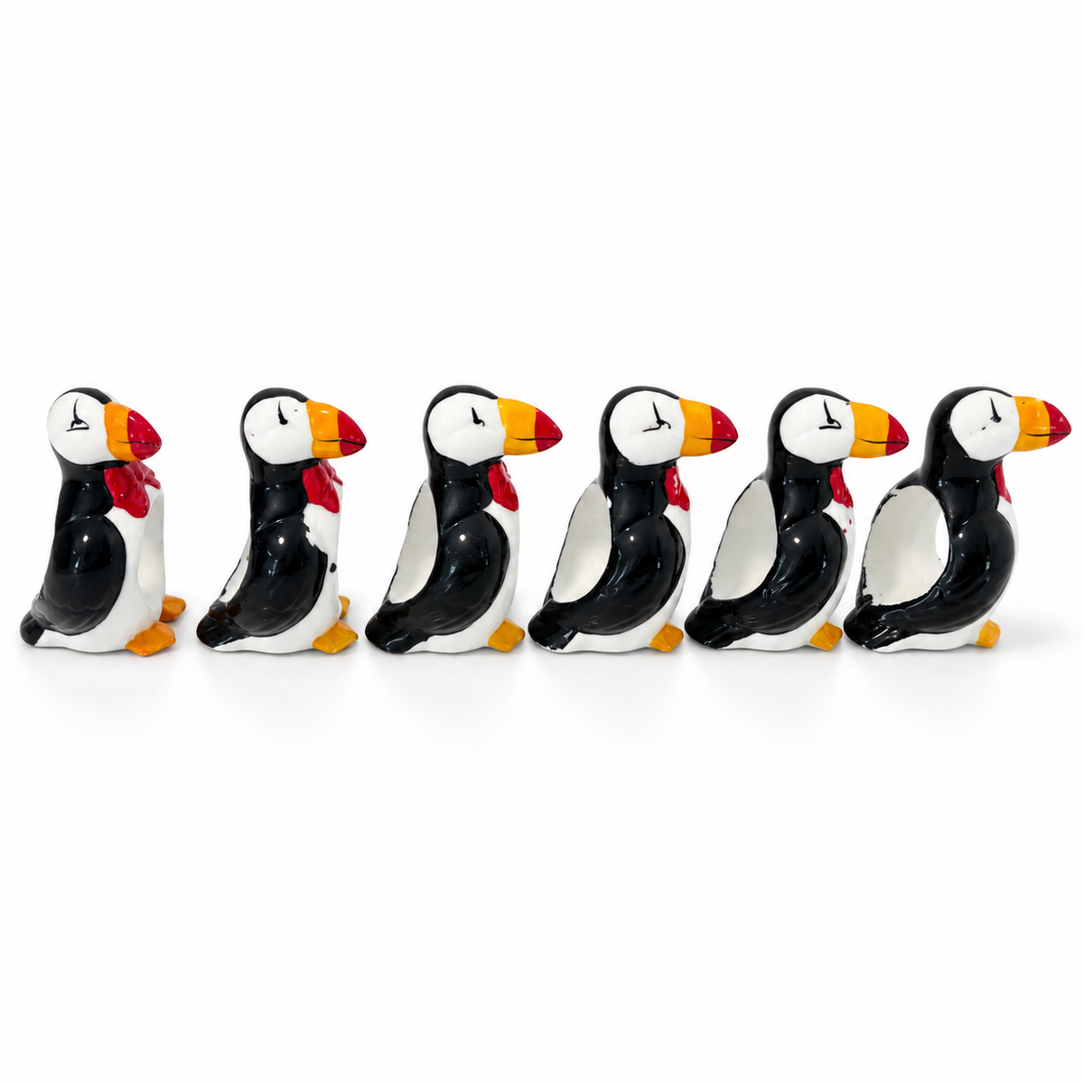 Vintage Set of 6 Ceramic Puffin Napkin Rings – Made in Taiwan
