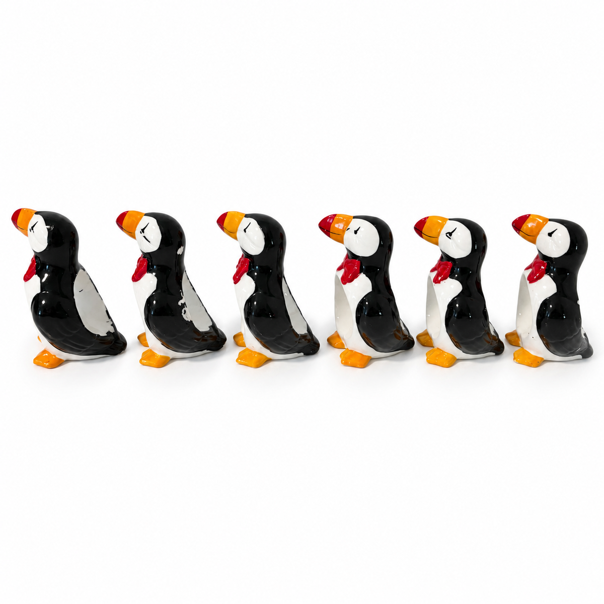 Vintage Set of 6 Ceramic Puffin Napkin Rings – Made in Taiwan