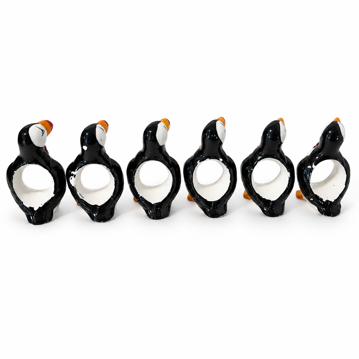 Vintage Set of 6 Ceramic Puffin Napkin Rings – Made in Taiwan