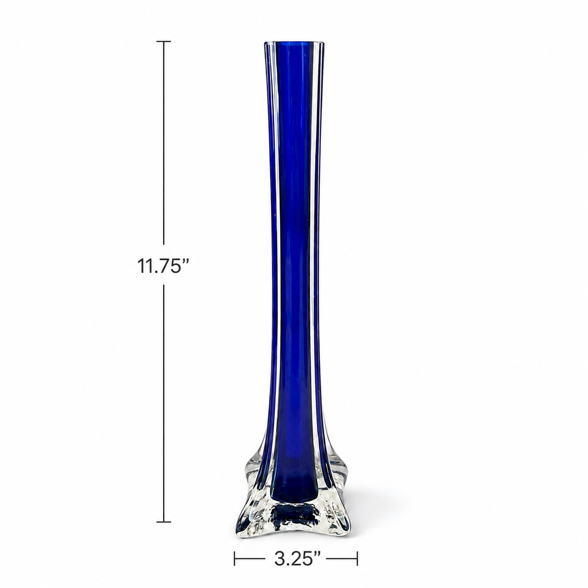 Vintage Cobalt Blue Glass Bud Vase with Clear Base - 11.75 Inch Tall