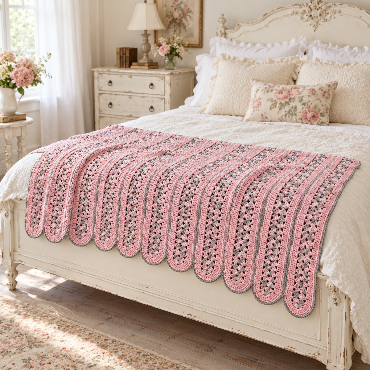 Vintage Handmade Pink and Gray Crochet Throw Blanket – 70 x 38 Inch