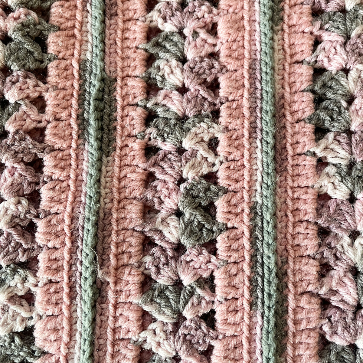 Vintage Handmade Pink and Gray Crochet Throw Blanket – 70 x 38 Inch