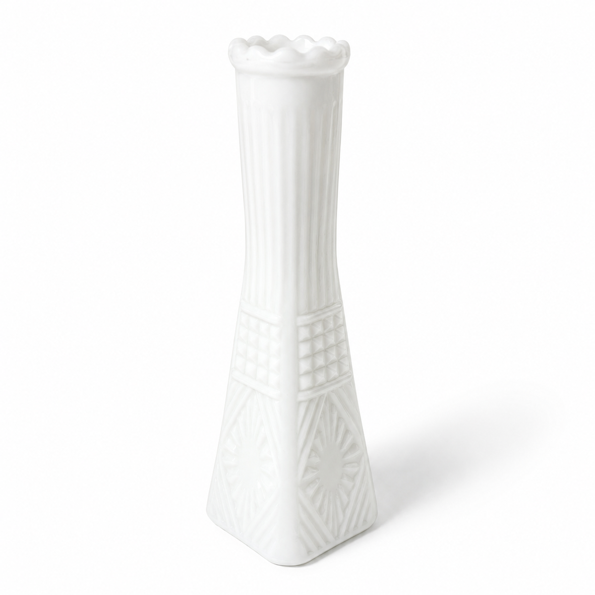 Vintage White Milk Glass Bud Vase - Art Deco Style 8.5 Inch Tall