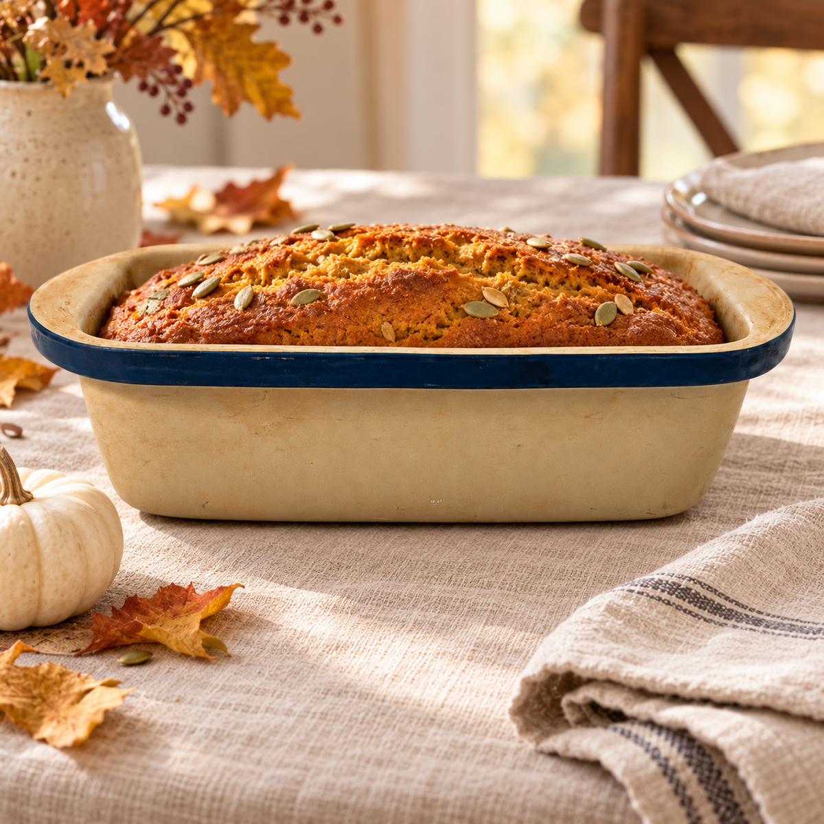 Stoneware Bread Pan 10.5 Inch with Navy Blue Accent - Fall Cookware
