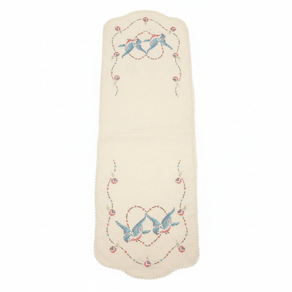 Vintage Hand-Embroidered Dresser Scarf | Bird & Floral Design