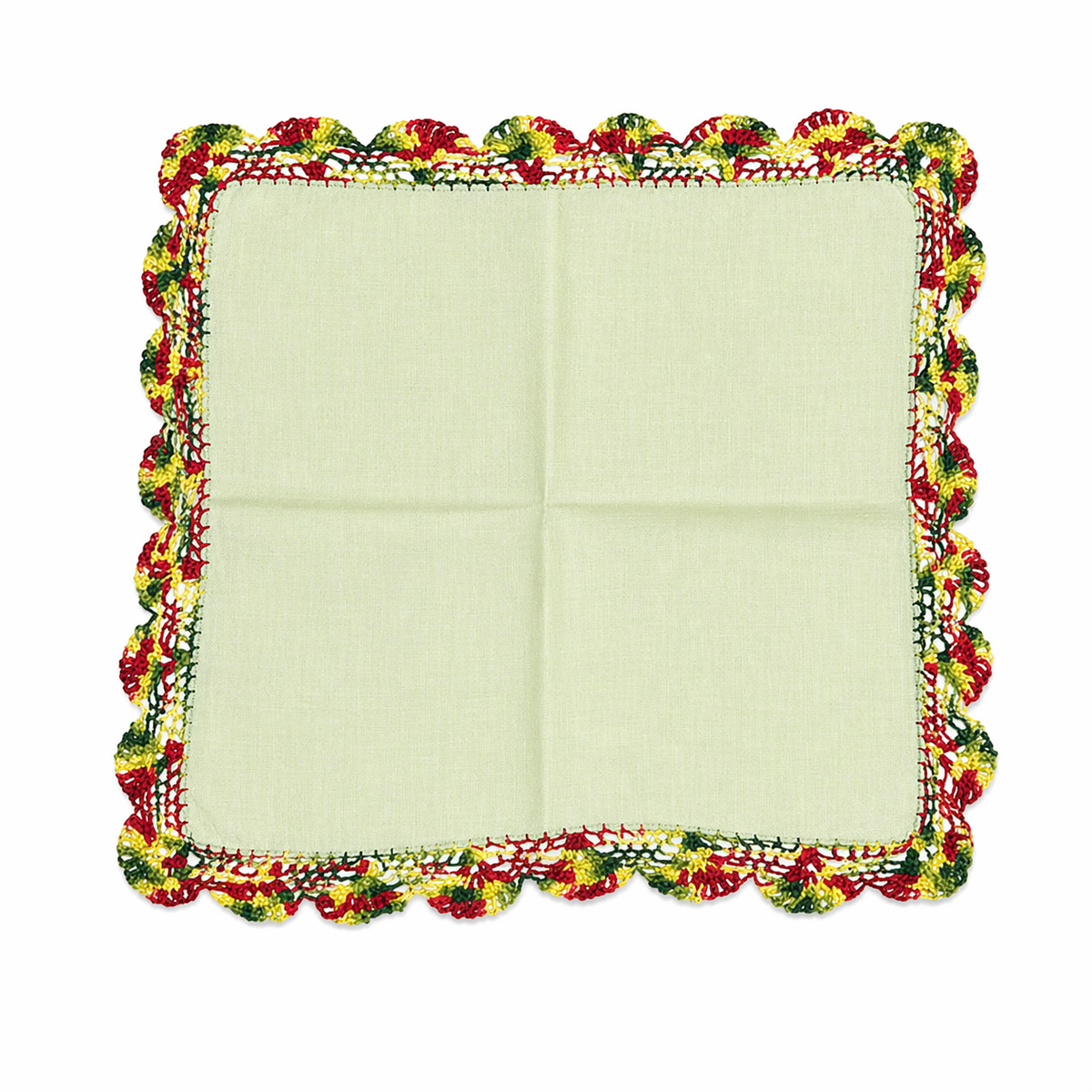 Vintage Green Linen Handkerchief with Crocheted Edge 13.25 Inch Square