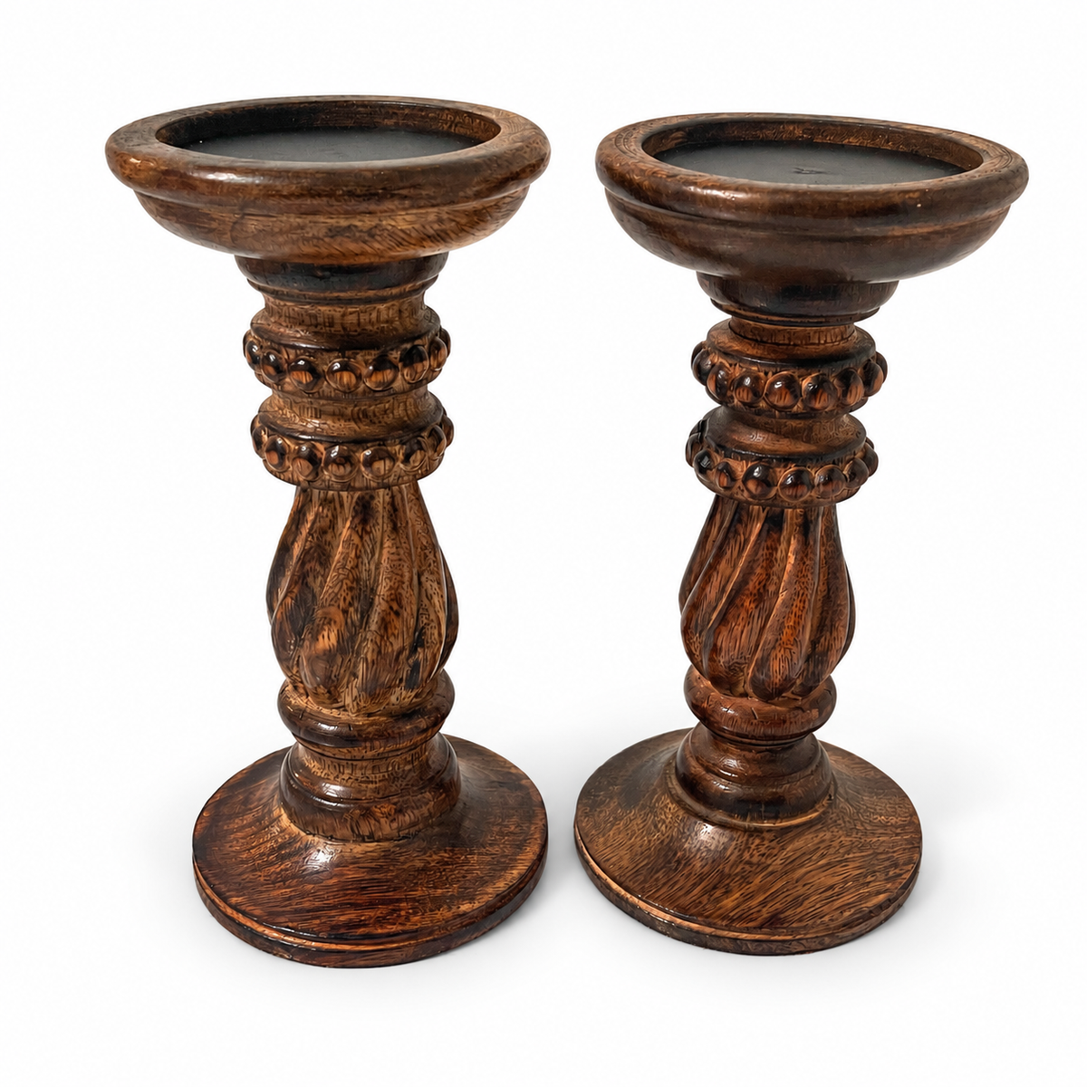 Vintage Carved Wood Pillar Candle Holders Set of 2 - Rustic Farmhouse