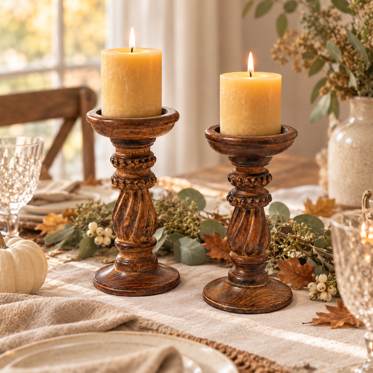 Vintage Carved Wood Pillar Candle Holders Set of 2 - Rustic Farmhouse